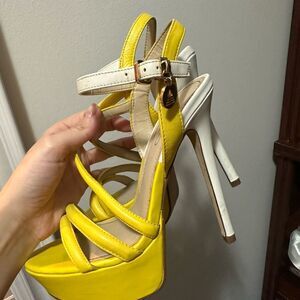 Yellow and White Strappy Platform High Heels